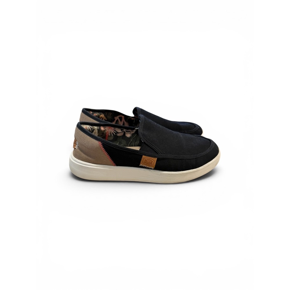 Hey Dude Women Black Canvas Slip On Loafers Tropical Floral Lining Size 10